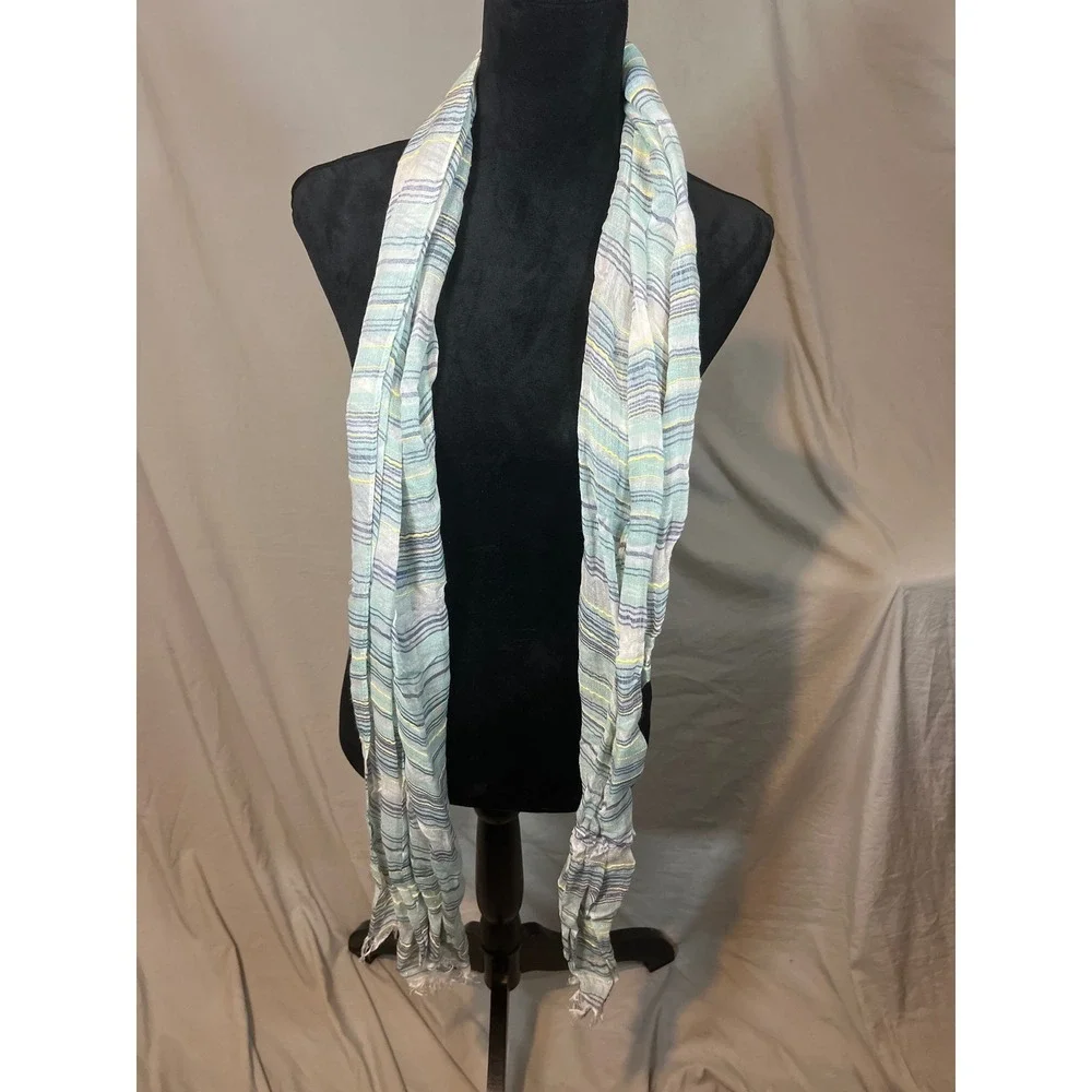 Unbranded Women Striped Lightweight Scarf Green Blue Yellow Metallic Frayed Edge